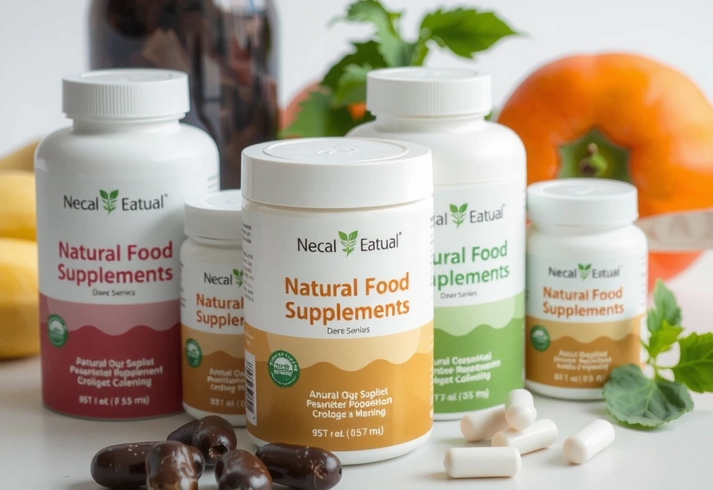 Gros plan sur des compléments alimentaires naturels dans des emballages élégants, avec des herbes et des fruits frais en arrière-plan, symbolisant la nature et la santé.