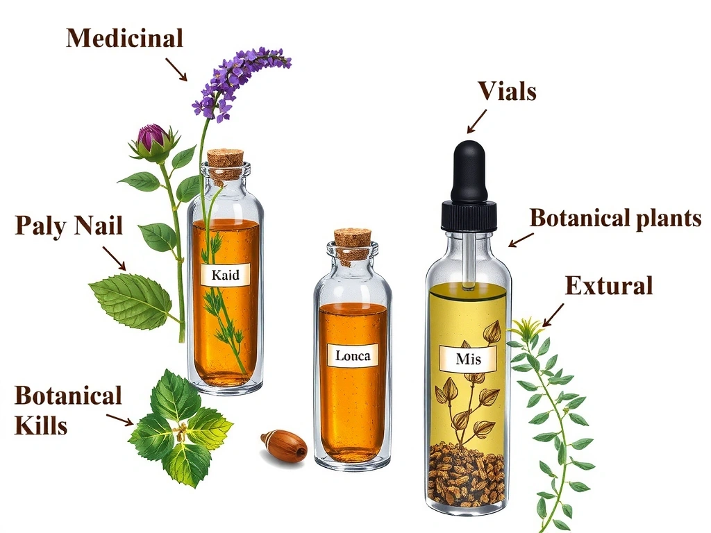 Illustration de diverses plantes médicinales et extraits botaniques dans des flacons, avec des étiquettes indiquant leurs noms.