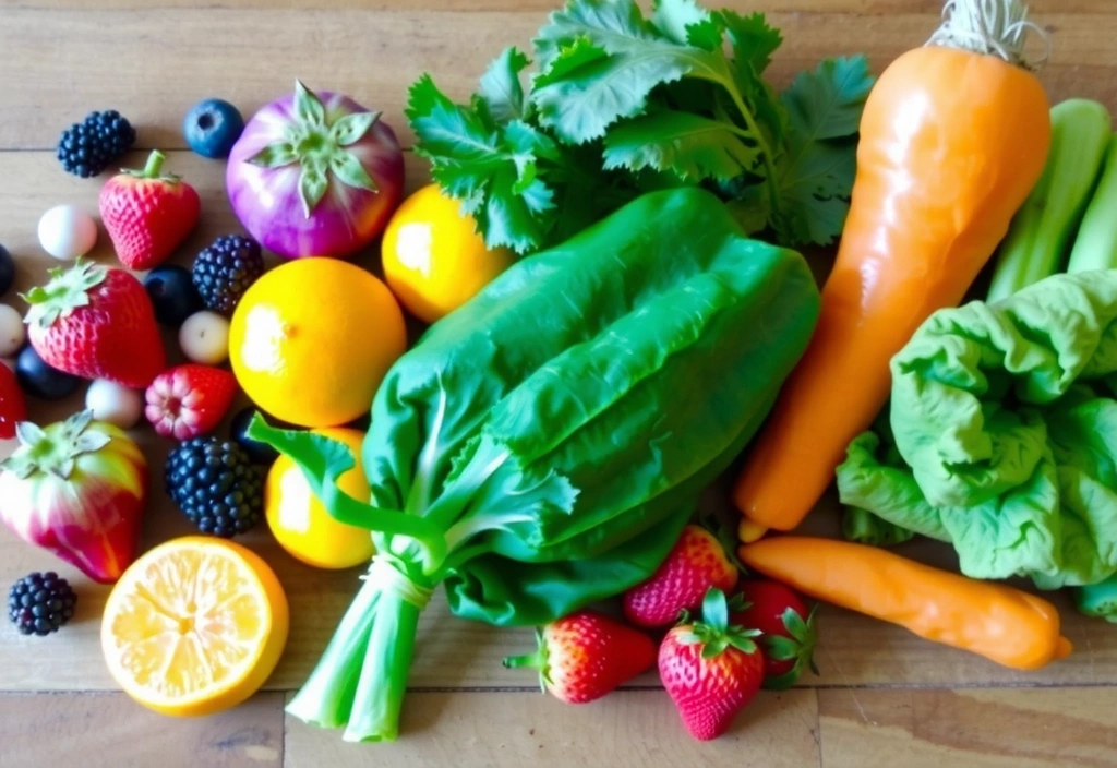 Assortiment de fruits et légumes frais, symbolisant la nutrition naturelle
